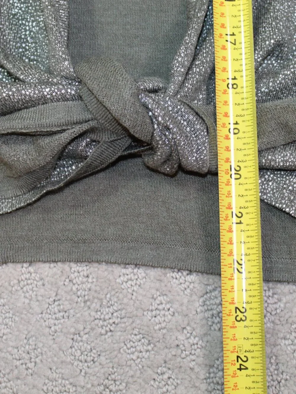 Chico's Cardigan Wm 12 /Sz 2 Glitter Silver Tie Front Long Sleeve Greenish Gray